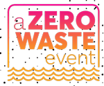 Text graphic reading "a ZERO WASTE event" in bold pink and orange letters with a dotted background and wavy lines underneath the word "event.