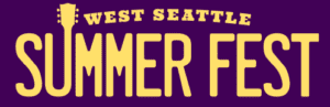 Yellow text on a purple background reads "West Seattle Summer Fest," with a guitar shape incorporated into the letter "U" in "SUMMER.