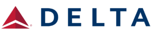 Delta Air Lines logo with a red triangular symbol on the left and the word “DELTA” in bold blue letters on the right.