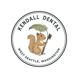 Logo for Kendall Dental featuring a squirrel holding a toothbrush and a leaf, with text 