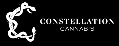 Logo for Constellation Cannabis featuring a stylized snake forming a partial star shape to the left of the brand name in white text on a black background.
