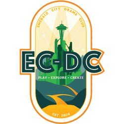 Logo for Emerald City Drama Club featuring Seattle skyline, yellow brick road, and the text 