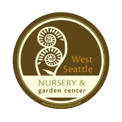 Circular logo for West Seattle Nursery & Garden Center, featuring two stylized ferns and text in brown, green, and yellow tones.