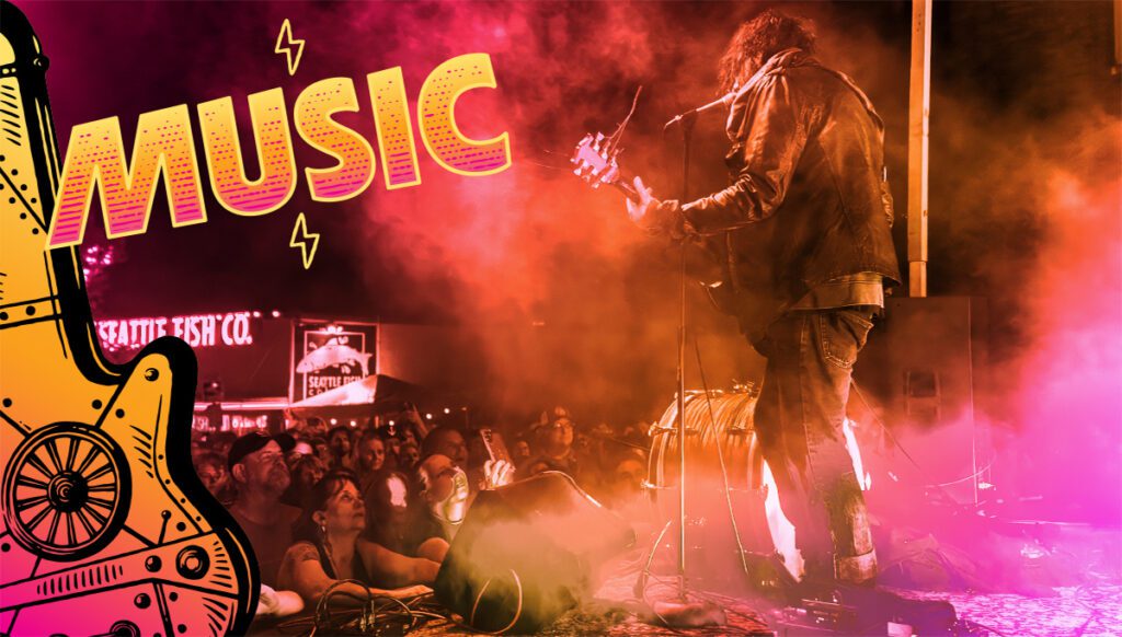 Musician plays guitar on stage with colorful lights and fog, while a crowd watches. The word "MUSIC" is highlighted in bold letters with a graphic guitar illustration.