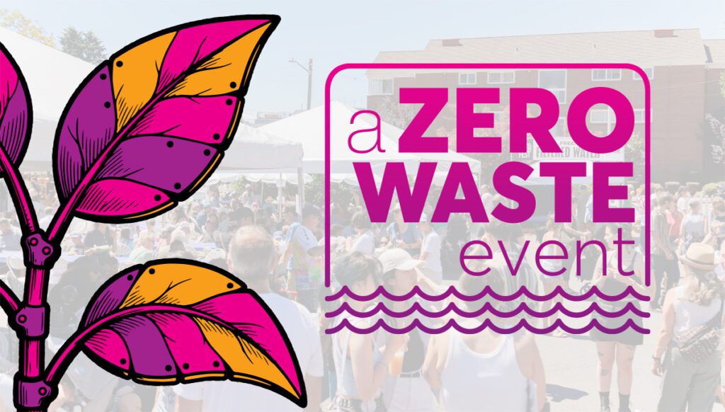 Illustrated leaves on the left and bold text reading "a ZERO WASTE event" overlay a background of people at an outdoor gathering.
