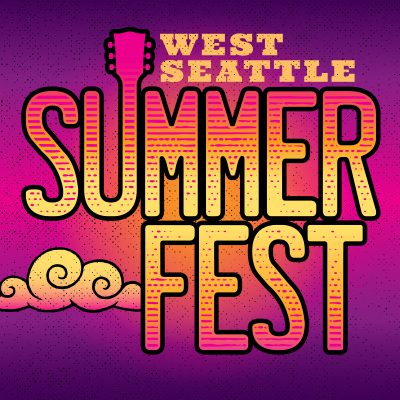 West Seattle Summer Fest logo with stylized text, a guitar outline, and decorative clouds on a purple and pink gradient background.