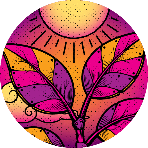 Illustration of a plant with colorful pink and yellow leaves beneath a stylized sun in a circular frame with a gradient background.