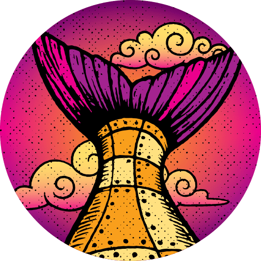 Illustration of a whale tail rising from the ocean, with stylized clouds and a vibrant pink, orange, and purple sky in the background.