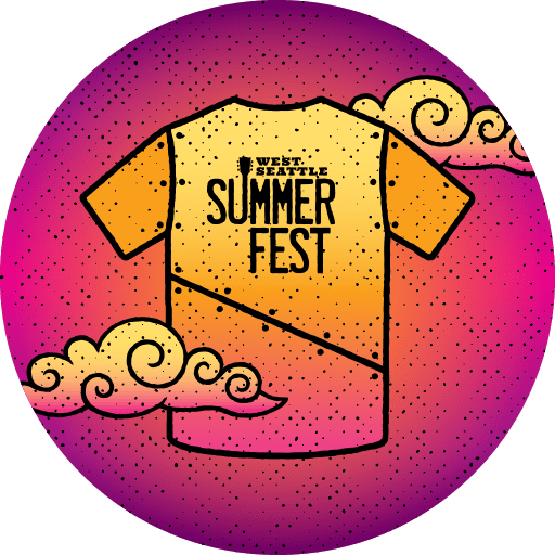 Illustration of a yellow and orange T-shirt with "West Seattle Summer Fest" text, set against a pink and purple circular background with stylized clouds.