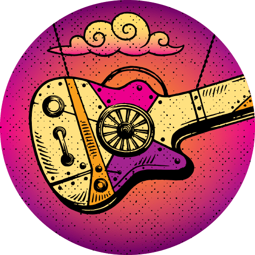 A stylized, colorful illustration of a guitar with a gear and switch design, set against a gradient background with a cloud at the top.