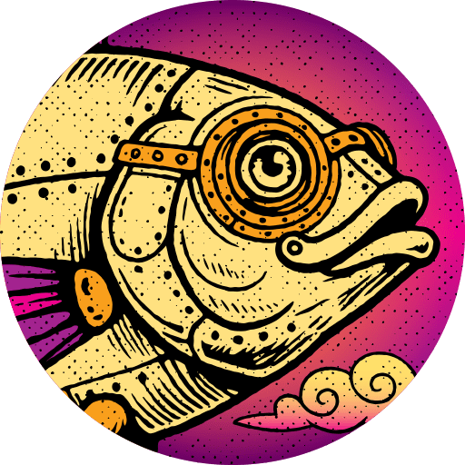 Illustration of a fish wearing steampunk-style goggles against a pink and purple gradient background with swirling clouds.