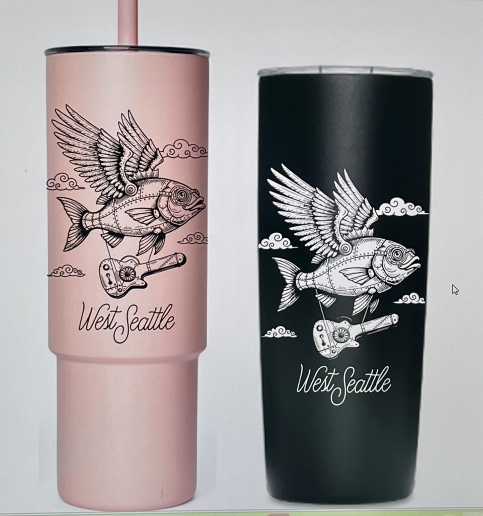 Two tumblers, one pink and one black, featuring an illustrated flying fish with gears, clouds, and a guitar, with the text "West Seattle" below the design.