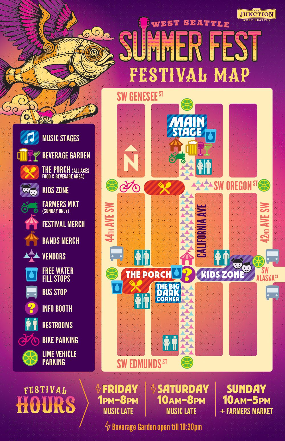 Discover the West Seattle Summer Fest Map—a colorful illustrated guide showing stage locations, kids zone, bike parking, restrooms, vendor booths, and festival hours along California Ave SW between SW Genesee and SW Edmunds St.
