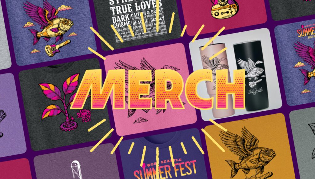 Colorful display of various festival merchandise—including t-shirts, drinkware, and graphics—highlights Merch at West Seattle Summerfest, with the word "MERCH" in bold yellow letters across the center.