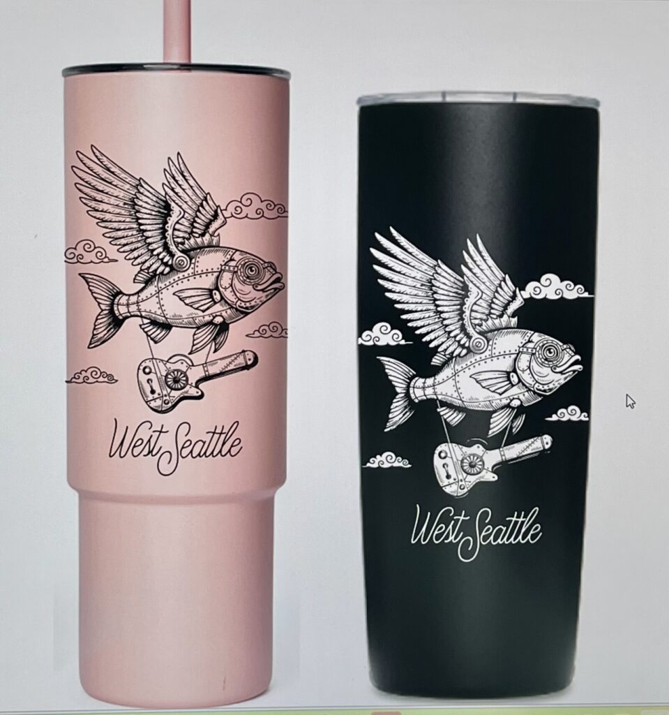 Two tumblers, one pink and one black, both feature an illustration of a flying fish with gears, clouds, a guitar, and the words "West Seattle" below the design.