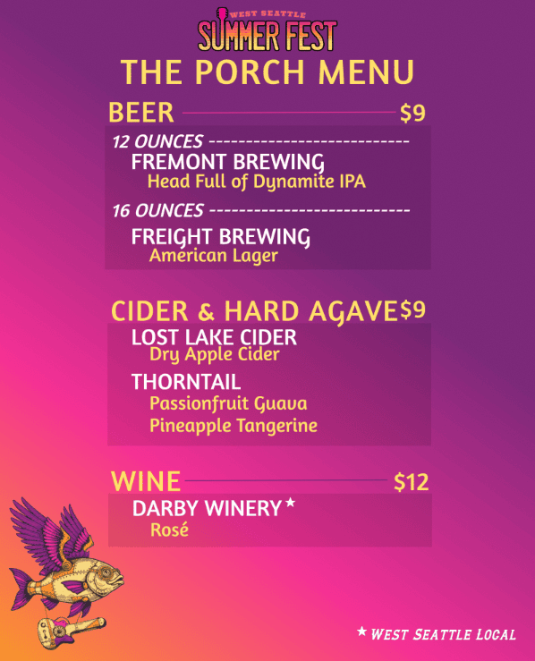 The Porch Menu for West Seattle Summer Fest featuring beer, cider, hard agave, and rosé wine with prices and options on a pink and purple background.
