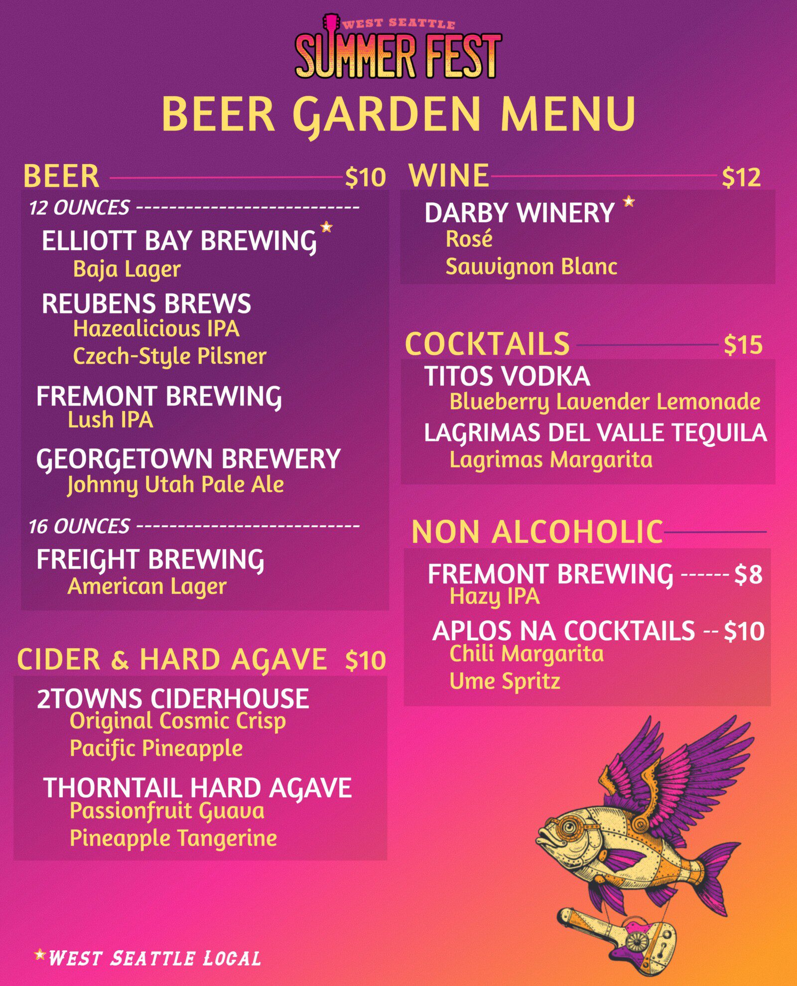 Colorful "Summer Fest Beer Garden Menu" listing beers, ciders, wine, cocktails, and non-alcoholic drinks with prices; a flying fish illustration appears in the bottom right corner.