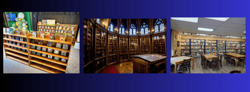 Three images: shelves with colorful board games, a historic library with tall wooden bookshelves, and a modern room with board games on shelves and tables with chairs.