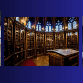 Three images: shelves with colorful board games, a historic library with tall wooden bookshelves, and a modern room with board games on shelves and tables with chairs.